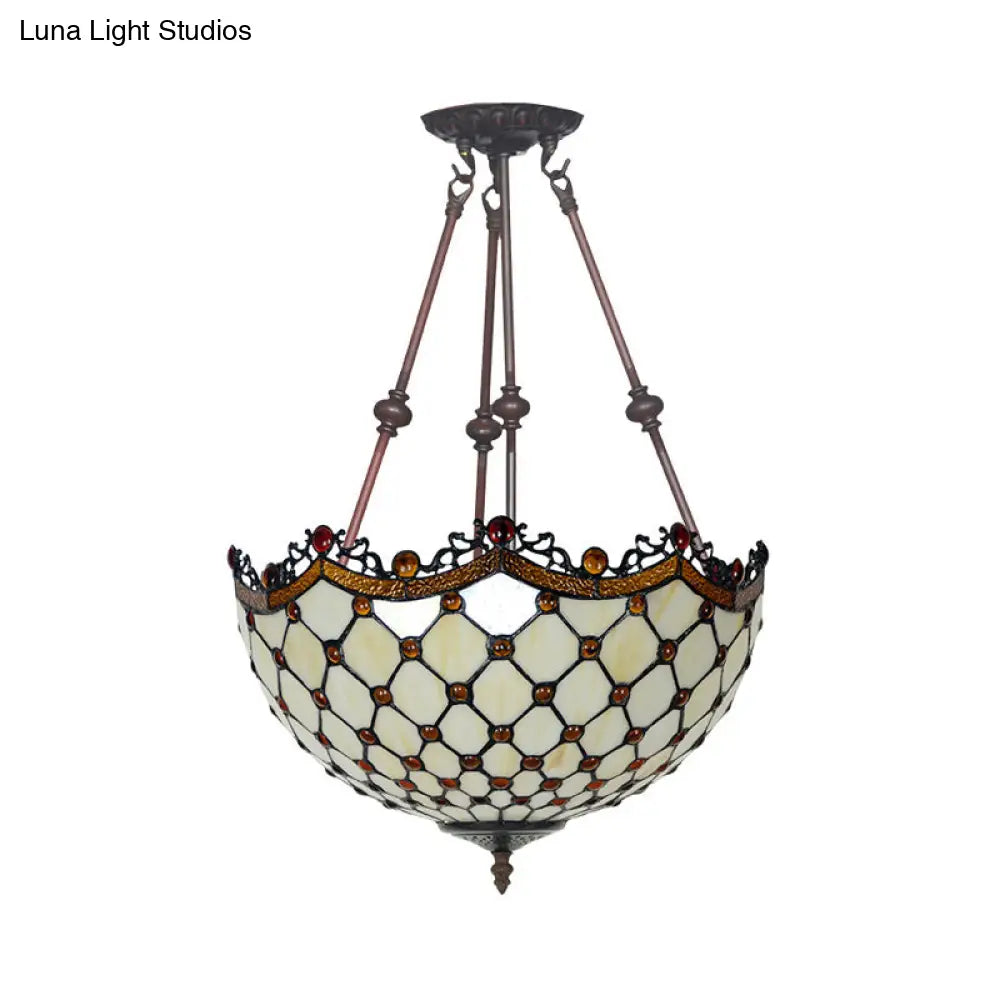 Beige Glass Semi Flush Tiffany Style Ceiling Mount With Beaded Accents - 16/18 Wide 2-Light Fixture