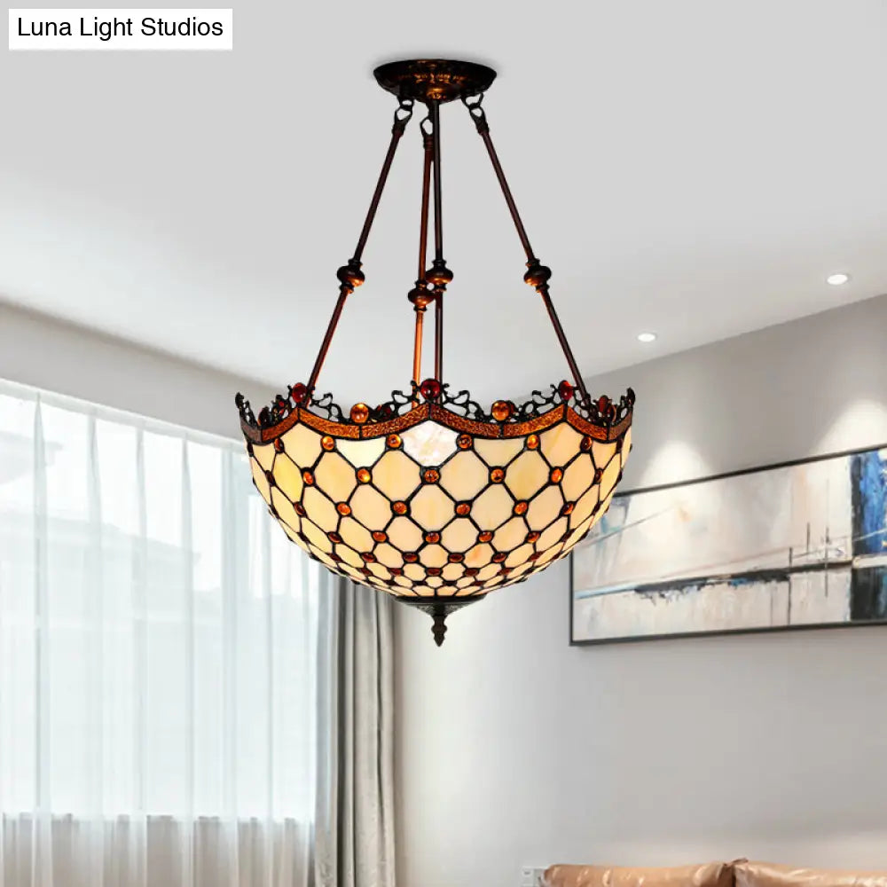 Beige Glass Semi Flush Tiffany Style Ceiling Mount With Beaded Accents - 16’/18’ Wide 2-Light