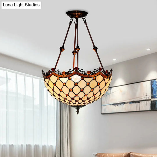 Beige Glass Semi Flush Tiffany Style Ceiling Mount With Beaded Accents - 16’/18’ Wide 2-Light