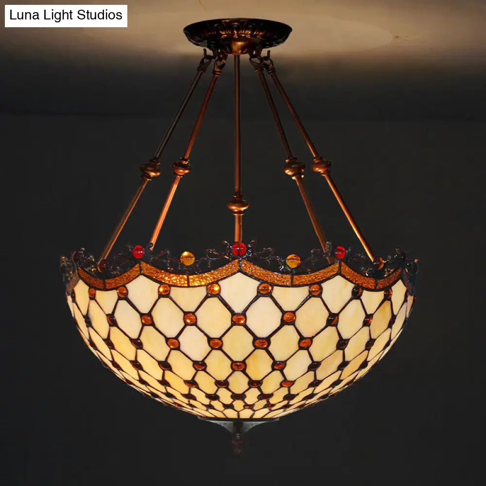 Beige Glass Semi Flush Tiffany Style Ceiling Mount With Beaded Accents - 16/18 Wide 2-Light Fixture