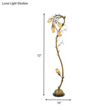 Beige Glass Tree Floor Lamp: Rural Floral Bedroom Standing Light In Brass - 6 Lights