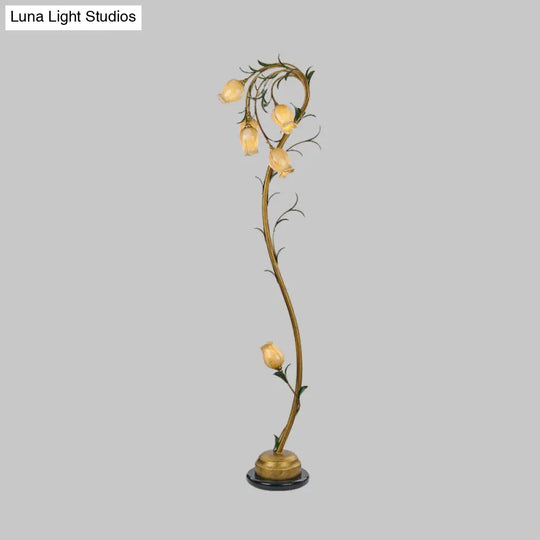 Beige Glass Tree Floor Lamp: Rural Floral Bedroom Standing Light In Brass - 6 Lights
