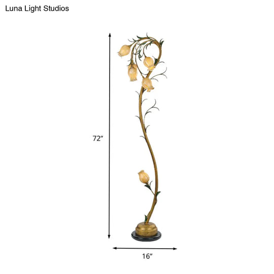 Beige Glass Tree Floor Lamp: Rural Floral Bedroom Standing Light In Brass - 6 Lights