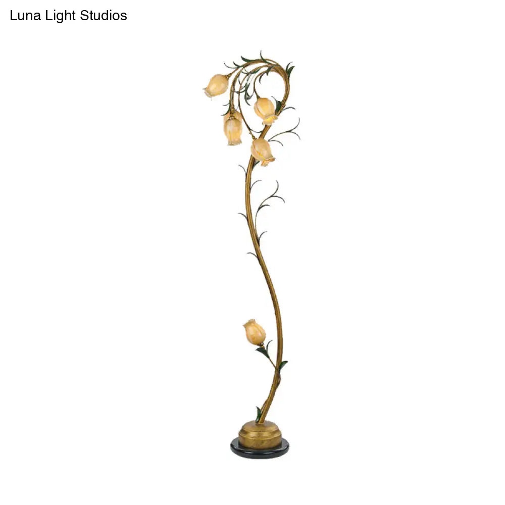 Beige Glass Tree Floor Lamp: Rural Floral Bedroom Standing Light In Brass - 6 Lights