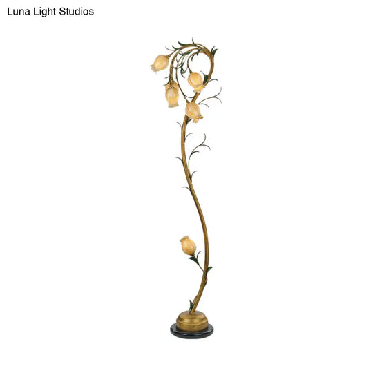 Beige Glass Tree Floor Lamp: Rural Floral Bedroom Standing Light In Brass - 6 Lights