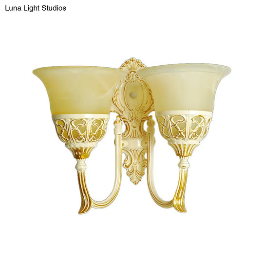 Beige Glass Wall Mounted Retro Light: 2-Head Living Room Sconce Lamp With Curved Arm