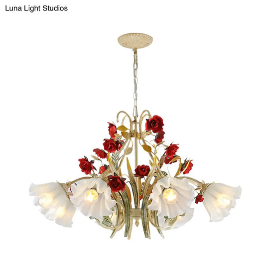 Beige Hanging Chandelier - Pastoral Metal Scalloped Pendant Light With Flower Accent 3/6/8 Lights
