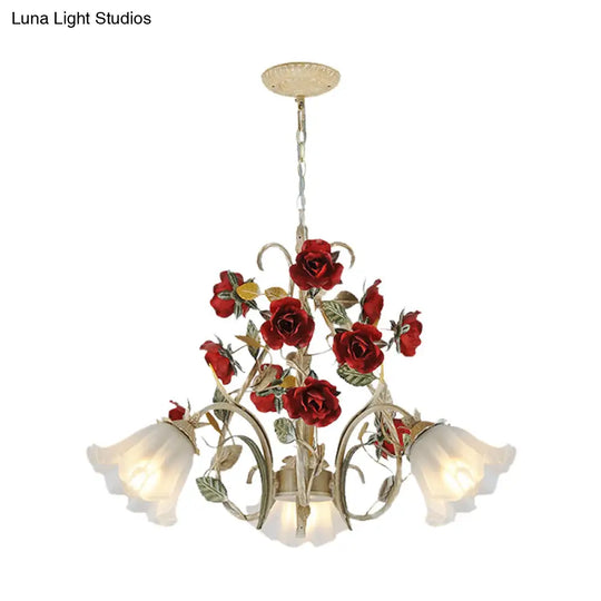 Beige Hanging Chandelier - Pastoral Metal Scalloped Pendant Light With Flower Accent 3/6/8 Lights