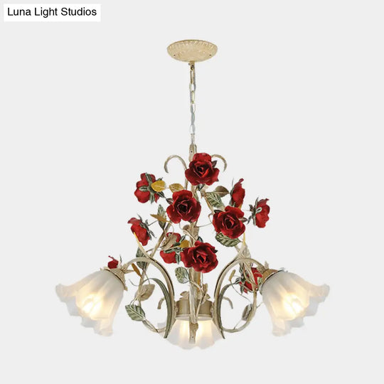 Beige Hanging Chandelier - Pastoral Metal Scalloped Pendant Light With Flower Accent 3/6/8 Lights