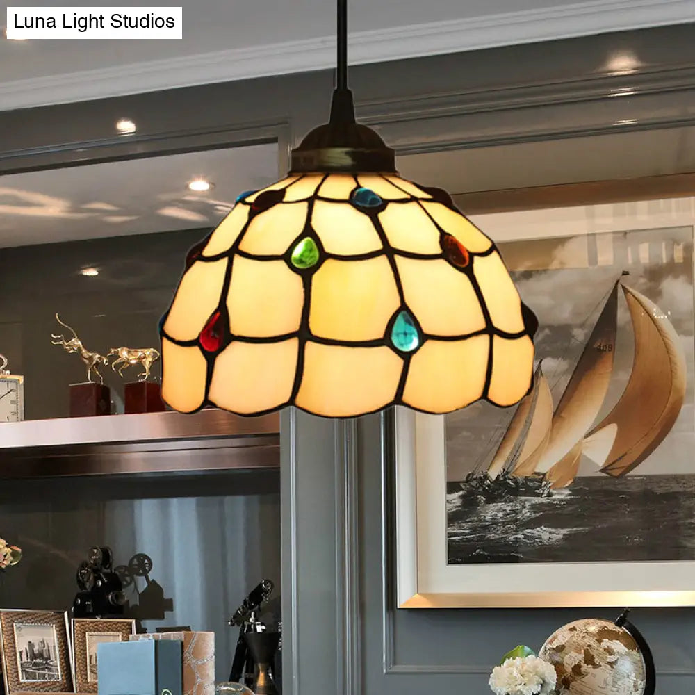 Beige Stained Glass Pendant Lamp With Beaded Detailing - Tiffany Hanging Light Kit For Study