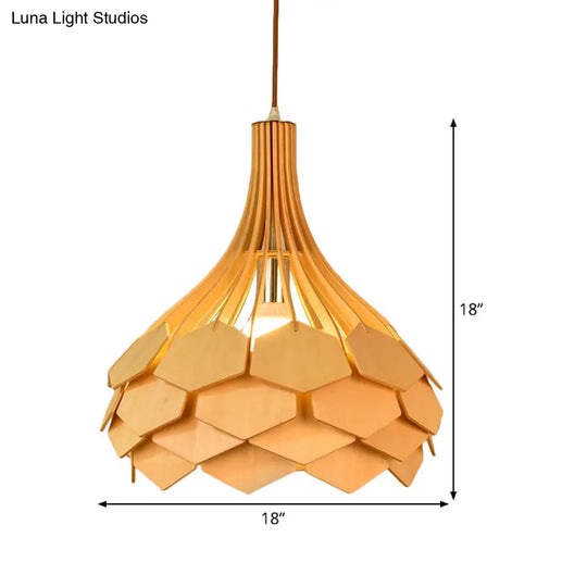 Beige Teardrop Pendant Light Fixture: Asia Wood Single Hanging Lamp With Pinecone Element