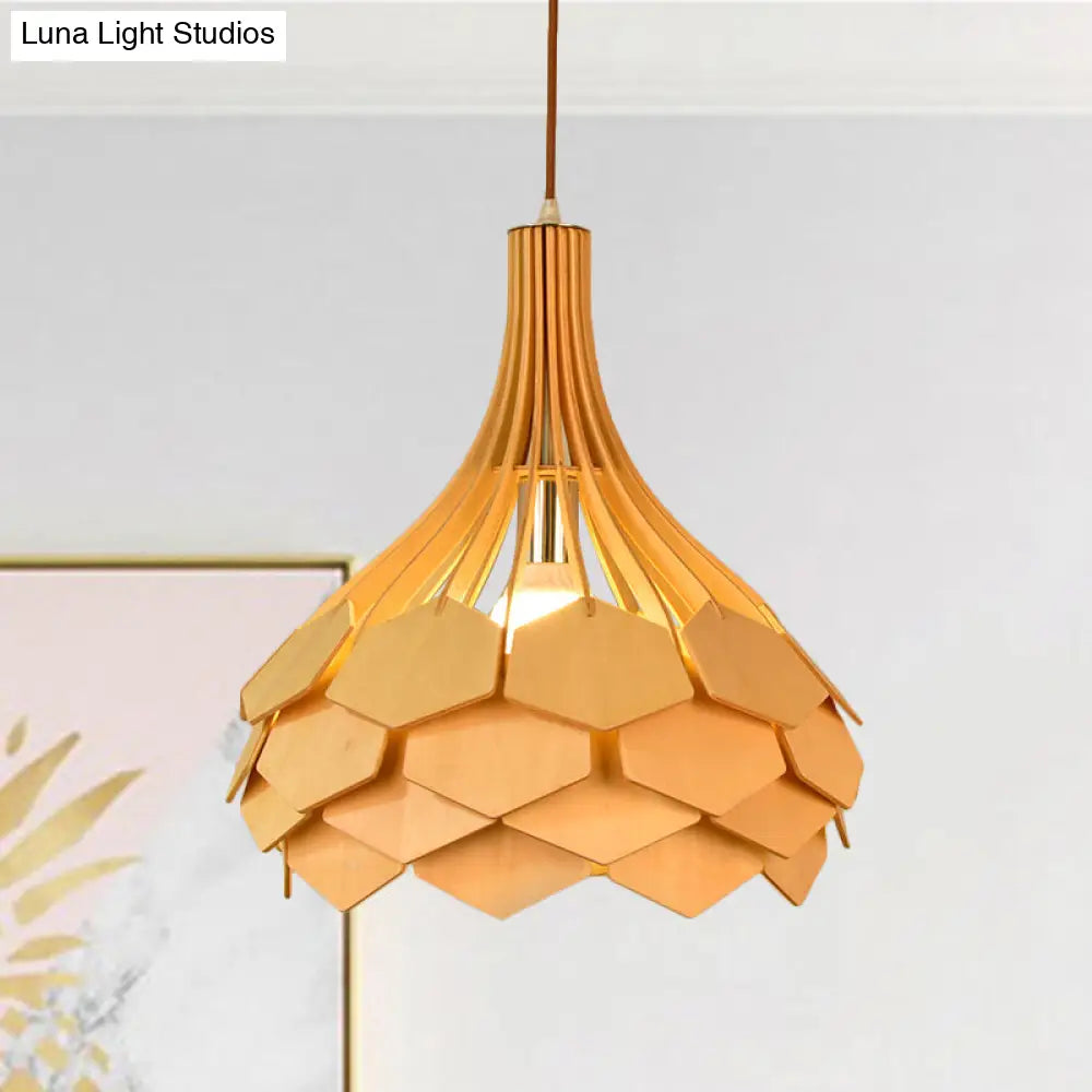 Beige Teardrop Pendant Light Fixture: Asia Wood Single Hanging Lamp With Pinecone Element