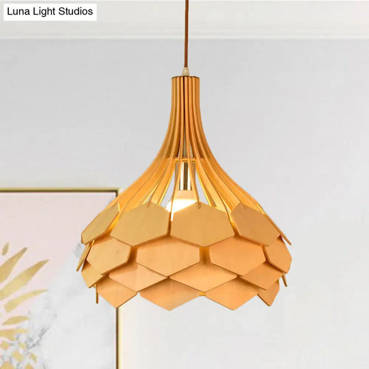 Beige Teardrop Pendant Light Fixture: Asia Wood Single Hanging Lamp With Pinecone Element