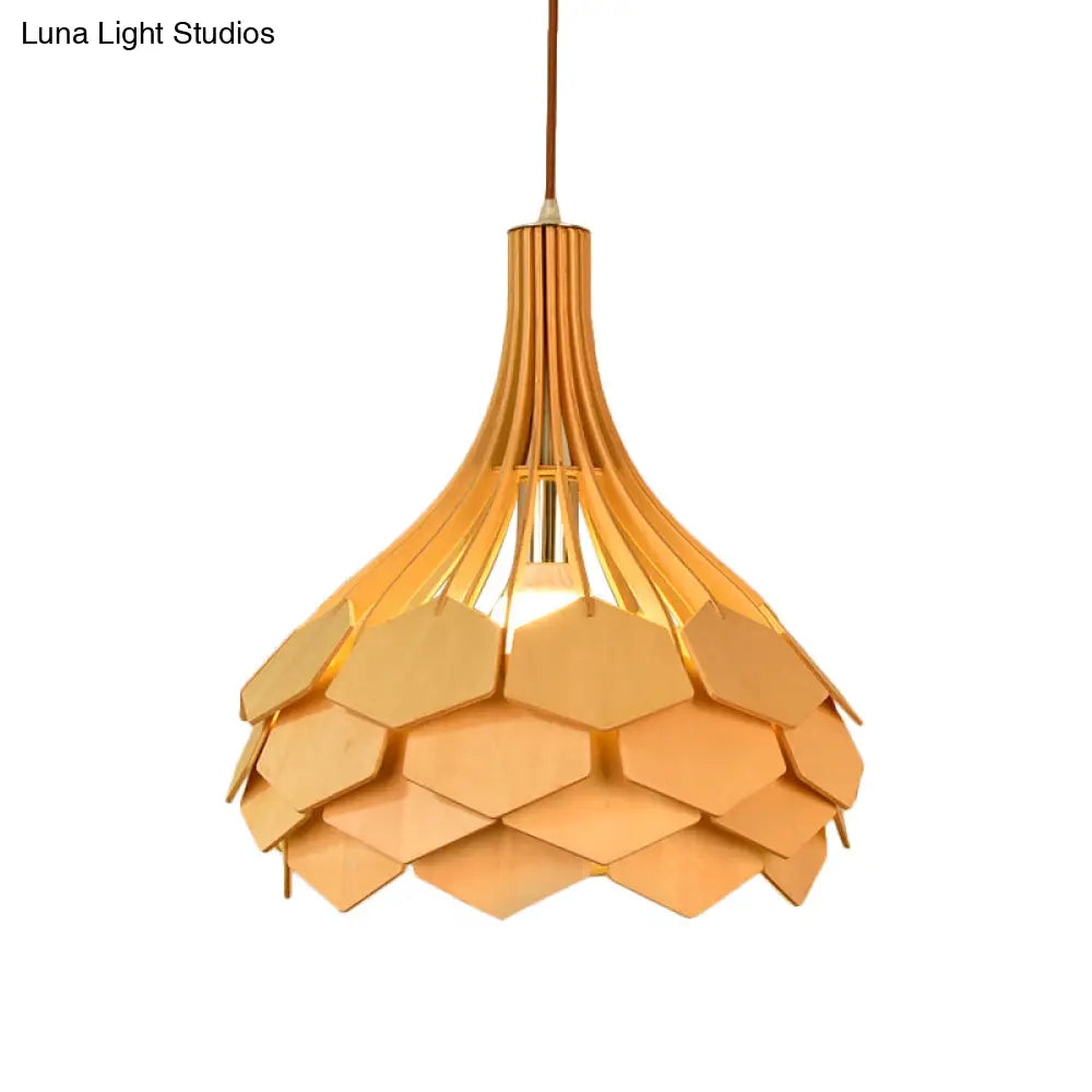 Beige Teardrop Pendant Light Fixture: Asia Wood Single Hanging Lamp With Pinecone Element