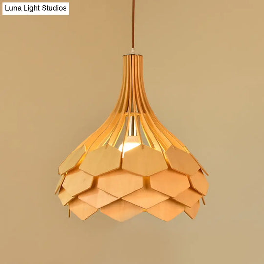 Beige Teardrop Pendant Light Fixture: Asia Wood Single Hanging Lamp With Pinecone Element