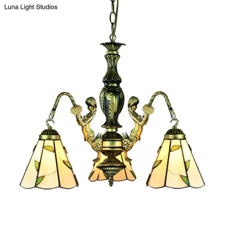 Beige Tiffany 3-Light Chandelier: Mermaid Cut Glass Pendant For Dining Room