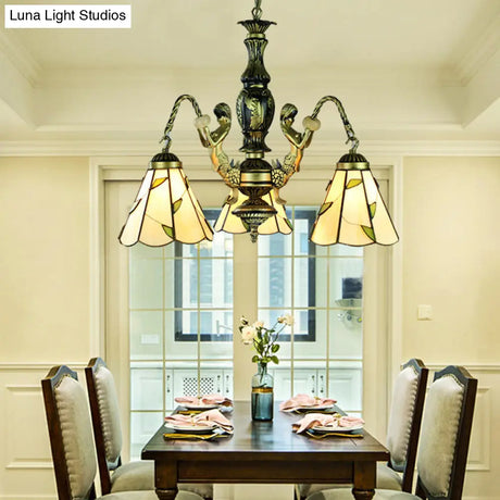 Beige Tiffany 3-Light Chandelier: Mermaid Cut Glass Pendant For Dining Room