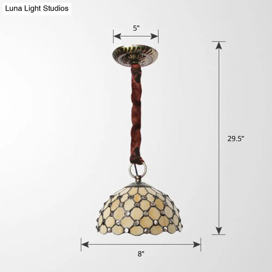 Beige Tiffany Glass Bowl Suspension Lamp: Elegant 1-Bulb Ceiling Light Fixture With Jewel Deco