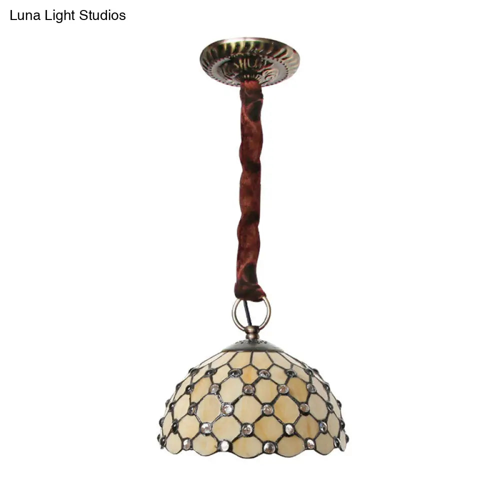 Tiffany Beige Bowl Suspension Lamp: 1-Bulb Cut Glass Ceiling Light Fixture With Jewel Deco