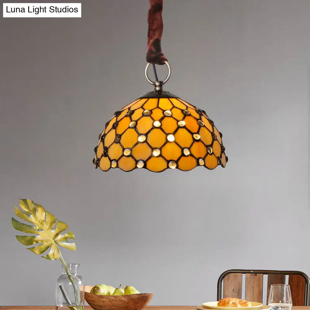 Beige Tiffany Glass Bowl Suspension Lamp: Elegant 1-Bulb Ceiling Light Fixture With Jewel Deco