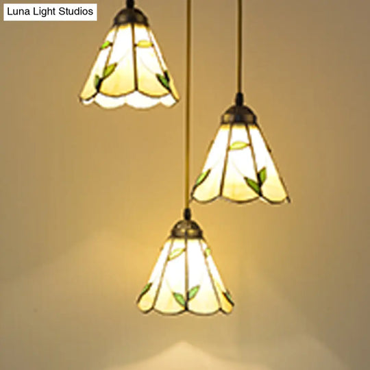 Beige Tiffany Stained Glass Pendant With 3 Bulbs - Stylish Suspension Lighting For Dining Room