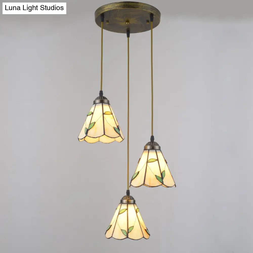 Beige Tiffany Stained Glass Pendant With 3 Bulbs - Stylish Suspension Lighting For Dining Room /