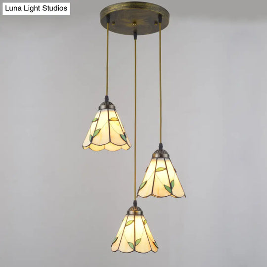 Beige Tiffany Stained Glass Pendant With 3 Bulbs - Stylish Suspension Lighting For Dining Room /