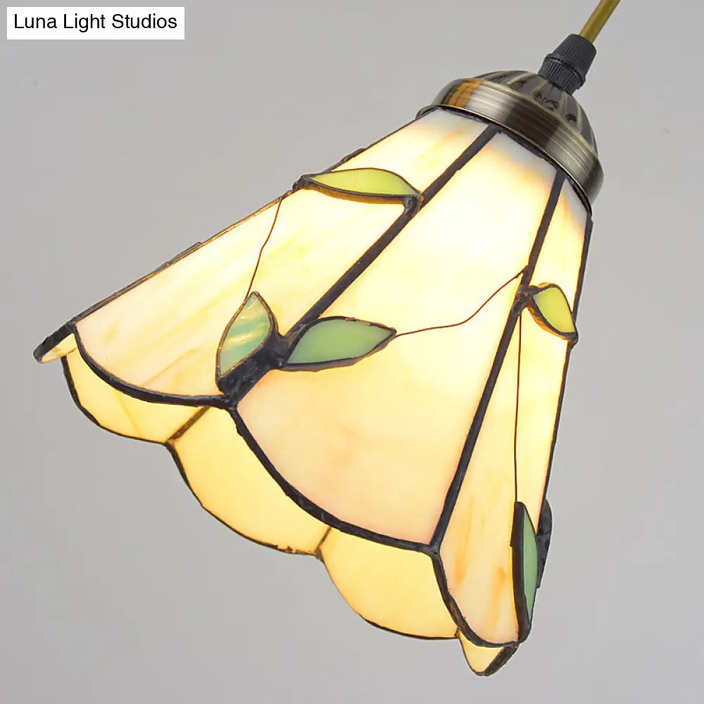 Beige Tiffany Stained Glass Suspension Lighting - 3-Bulb Cluster Pendant For Dining Room