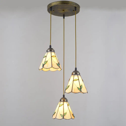 Beige Tiffany Stained Glass Suspension Lighting - 3-Bulb Cluster Pendant For Dining Room / Round