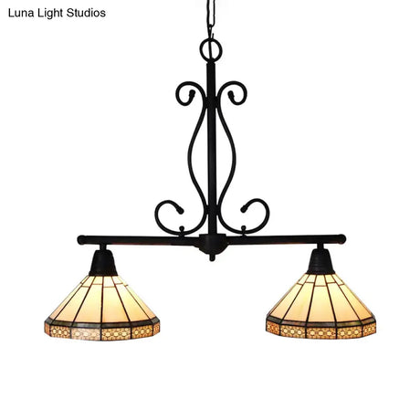 Beige Tiffany Style Island Pendant Light With Stainless Glass Cone Shade - Elegant 2-Headed Hanging