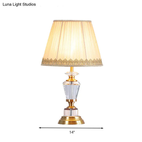 Beige Traditional Drum Nightstand Lamp With Crystal Accent - 1 Light Table For Bedroom