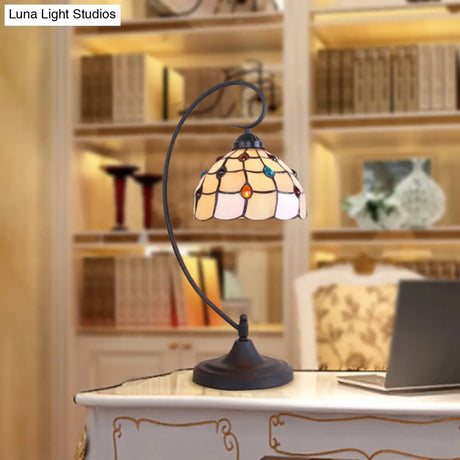 Beige/White And Silver Glass Night Lamp With Victorian Style Curvy Arm - Elegant Black Lattice Bowl