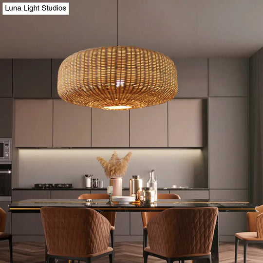 Beige Woven Asian Hanging Light Kit With Rattan Shade