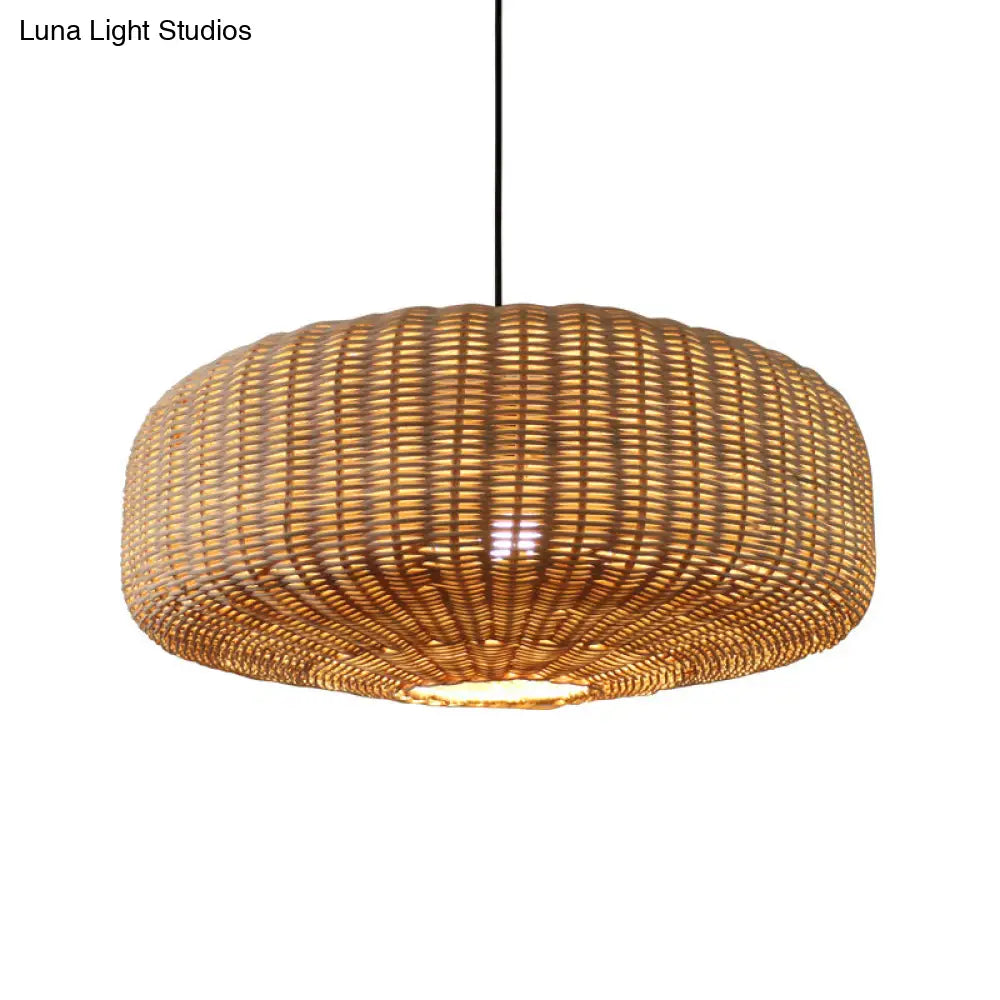 Beige Woven Asian Hanging Light Kit With Rattan Shade
