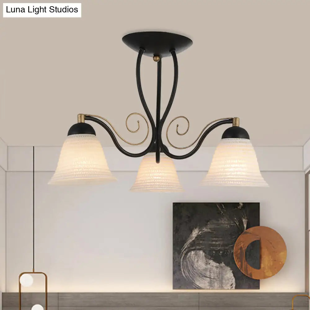 Bell Rustic Opal Glass Ceiling Light Fixture - Semi Flush Mount 3 Heads Black For Bedroom