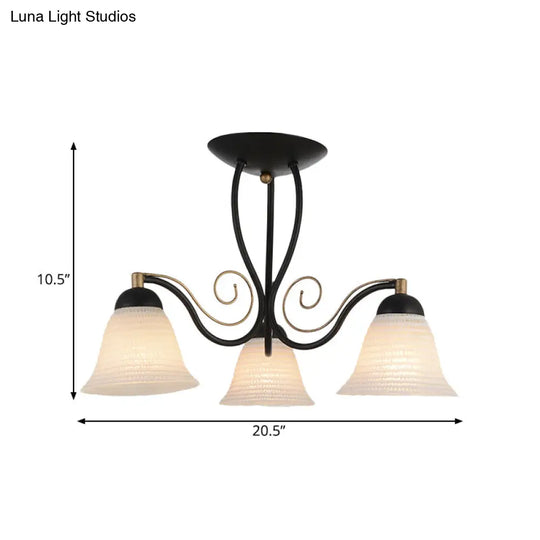 Bell Rustic Opal Glass Ceiling Light Fixture - Semi Flush Mount 3 Heads Black For Bedroom