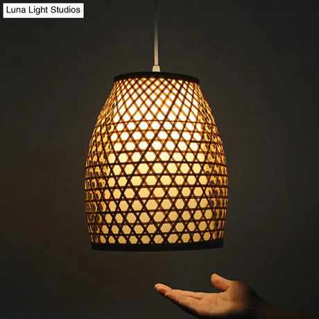 Bell Shaped Bamboo Hanging Lamp - Chinese Style For Dining Room With 1-Light And Beige Down Lighting