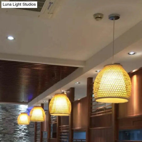 Bell Shaped Bamboo Hanging Lamp - Chinese Style For Dining Room With 1-Light And Beige Down Lighting