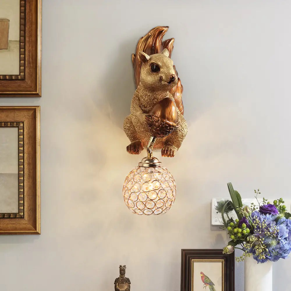 Beveled Clear Crystal Wall Sconce With Squirrel Decor In Gold/Brown Gold-Brown