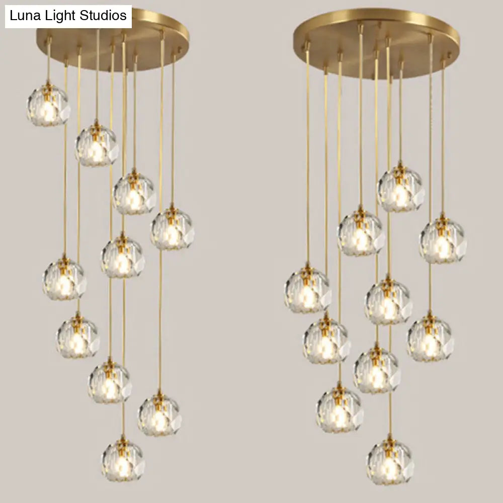 Simplicity Brass Finish Multi Pendant Ceiling Light With Beveled K9 Crystal Suspension
