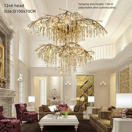 Bianca Vintage Brass Branch Crystal Chandelier for Living Room & Staircase 2 layer / Gold metal body / White light