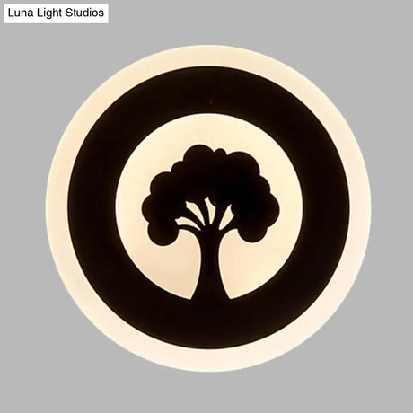 Black Acrylic Round Led Flush Wall Sconce With Tree Pattern - Modern And Elegant