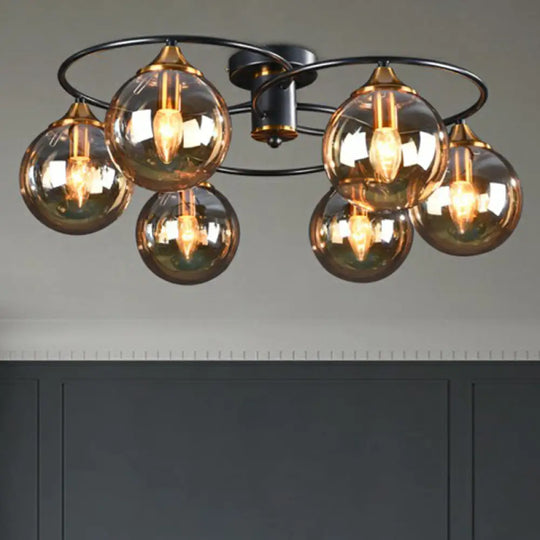 Black And Brass Postmodern Semi-Flush Chandelier With Glass Ball Shade For Ceiling Lighting Lamp
