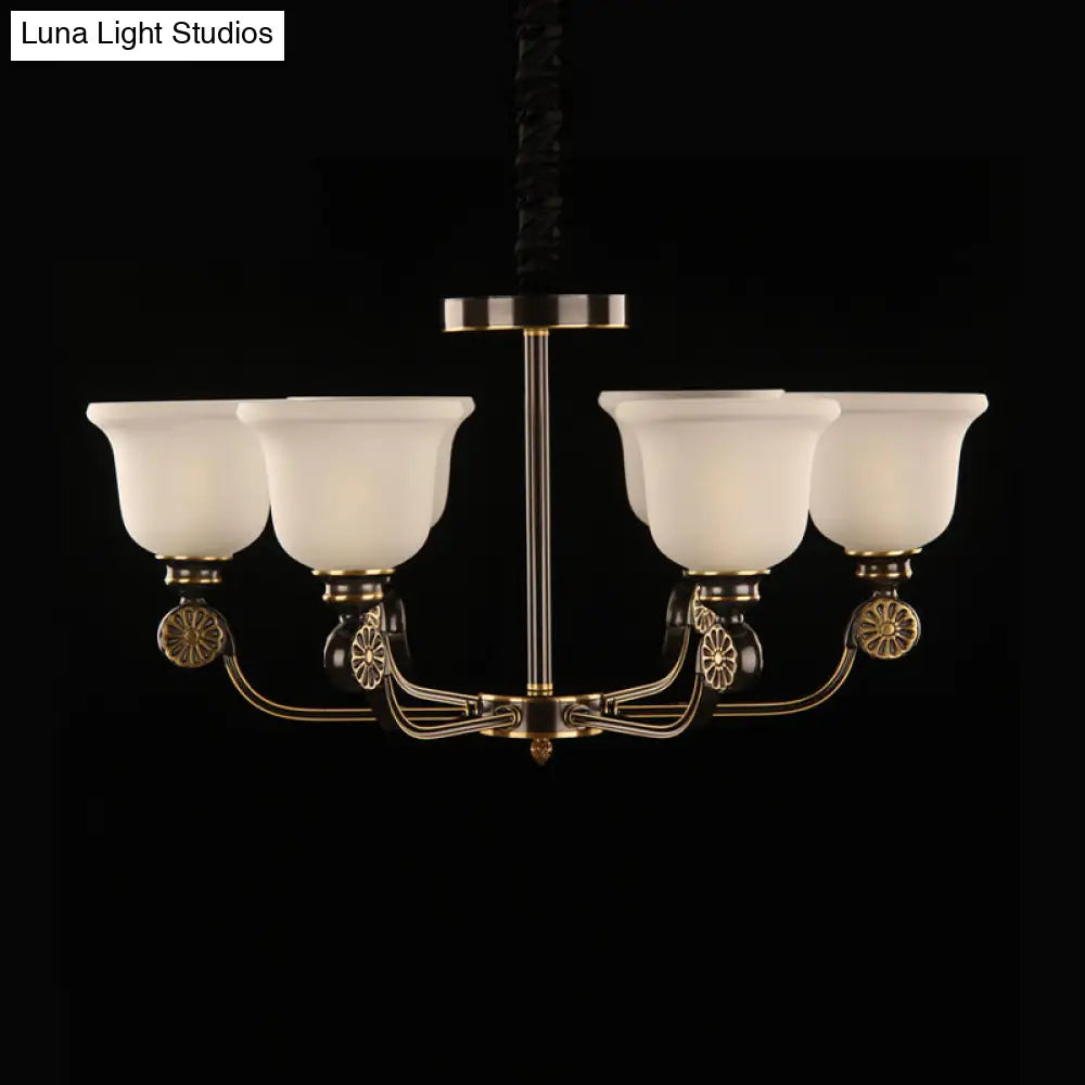 Black And Gold Sandblasted Glass Bell Pendant Chandelier - 6 Bulb Ceiling Lamp Traditional Style