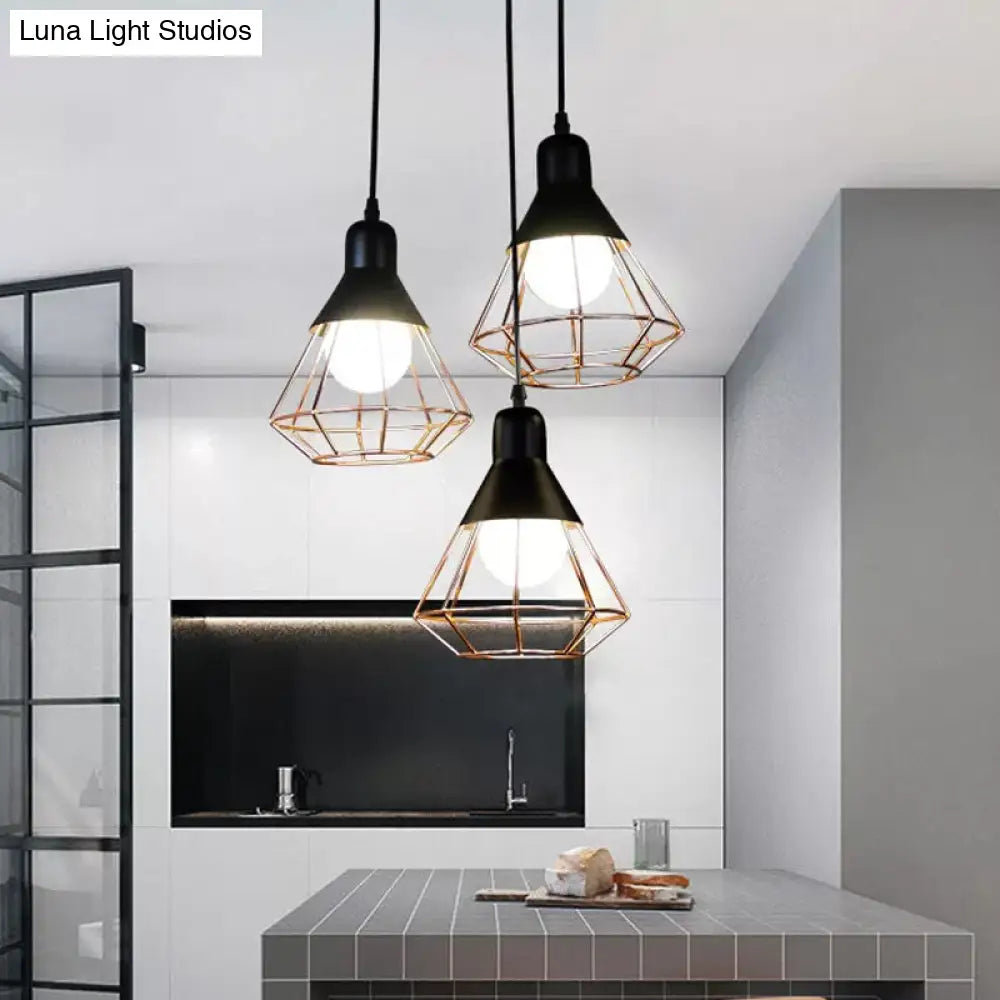 Black & Rose Gold Pendant Light: Loft Style Iron Cone/Cage Ceiling Hang - Ideal For Dining Table