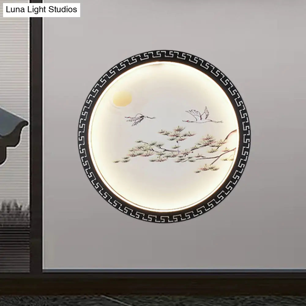 Black Bird And Tree Branch Led Wall Mount Light Fixture - Asian Style With Fabric Shade
