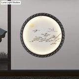 Black Bird And Tree Branch Led Wall Mount Light Fixture - Asian Style With Fabric Shade