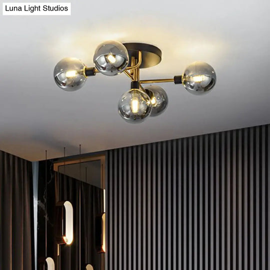 Black-Brass 5-Light Glass Semi-Flush Mount Ceiling Lamp - Contemporary Ball Shaped Design For