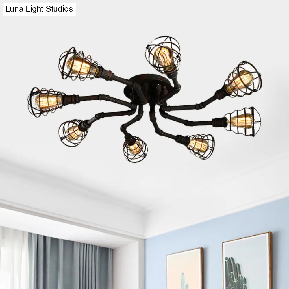 Black/Bronze Metal Twisted Pipe Semi Flush Light Fixture For Restaurant - 4/6/8 Bulbs