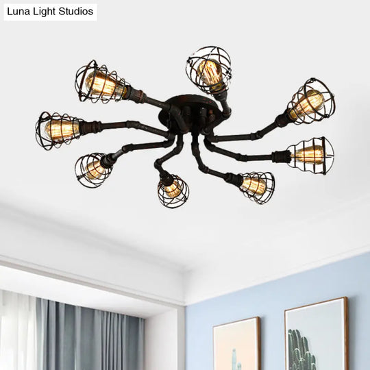 Black/Bronze Metal Twisted Pipe Semi Flush Light Fixture For Restaurant - 4/6/8 Bulbs